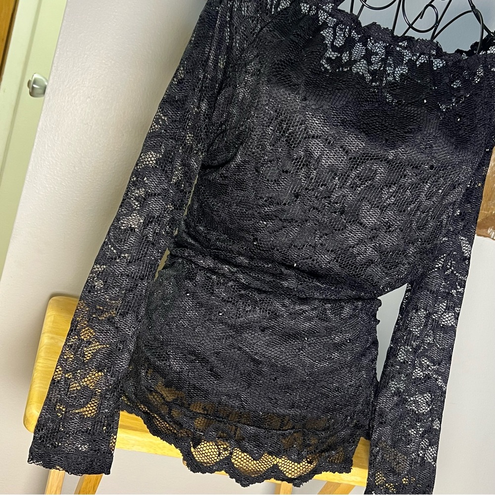 Colleen Lopez Black Lace Blouse long sleeve off shoulders embellished‎ size M - Picture 3 of 9